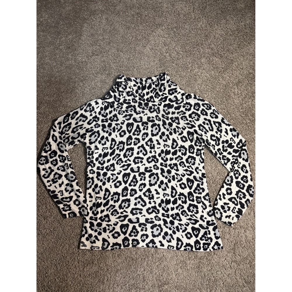 Jeanne Pierre Womens Leopard Cowl Neck Cashmere Blend Sweater White Black M